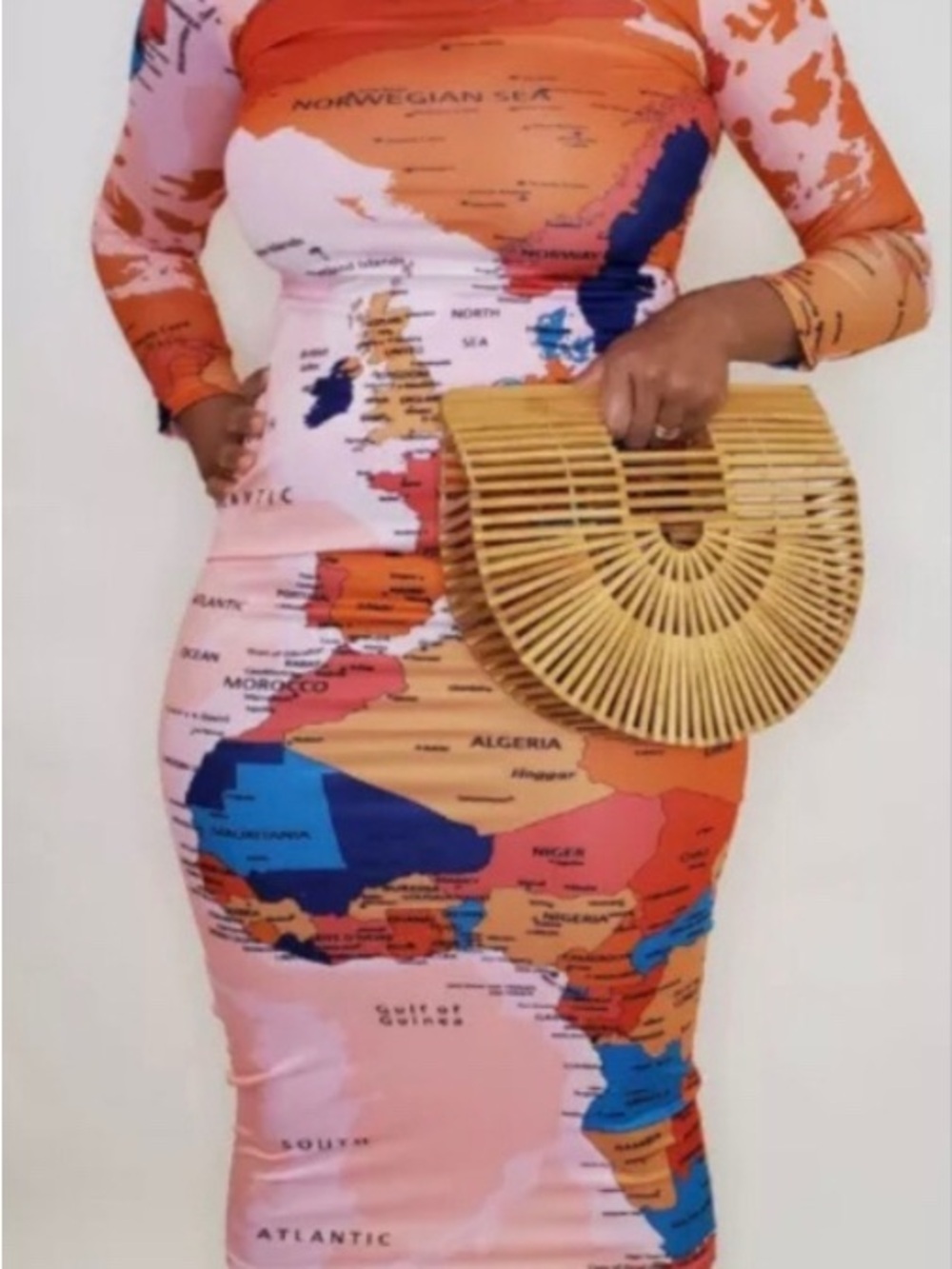 Map Print Orange Pink Bodycon Maxi Dress